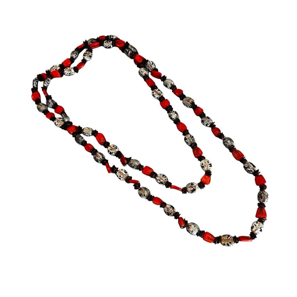 Vintage Women’s Long Necklace Layered Shells Brown White Orange Natural Hippie